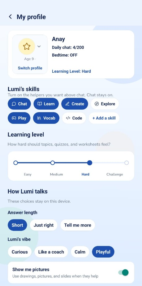 Kids profile & skills